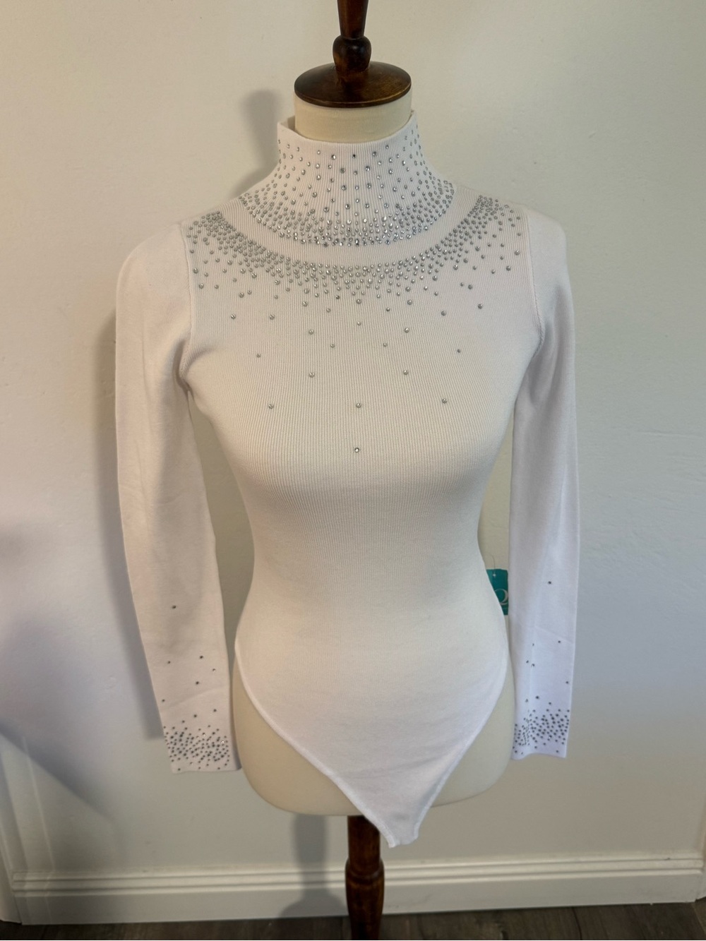 Hera Collection White Rhinestone Turtleneck Bodysuit